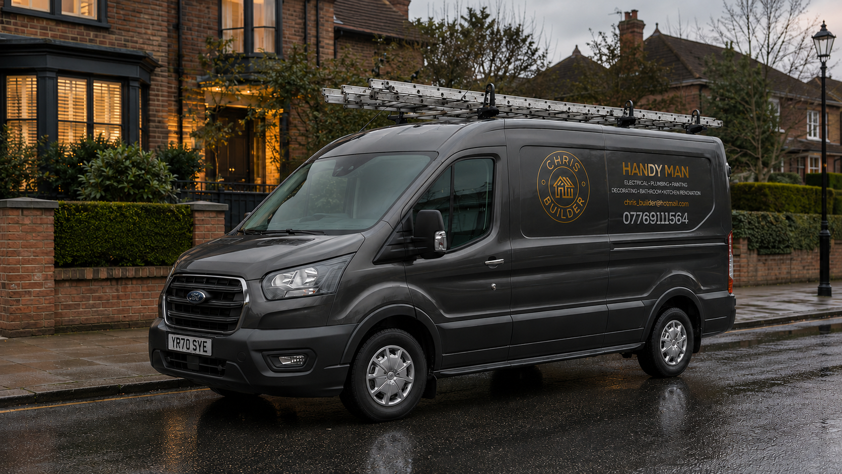 Chris Builder's signwritten van parked on a residential street